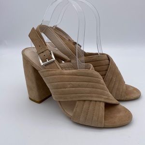 OFFICE LONDON tan suede leather block heel sandals size 7 boho ribbed neutral